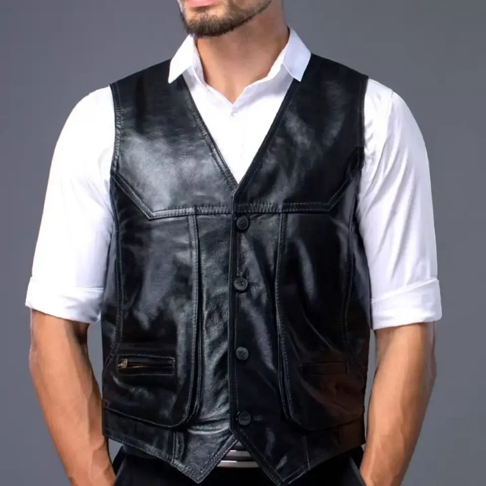 Men Vests First Layer Cowhide Leather Vest Men's Multi-pocket Slim Vest Keep Warm In Spring and Autumn