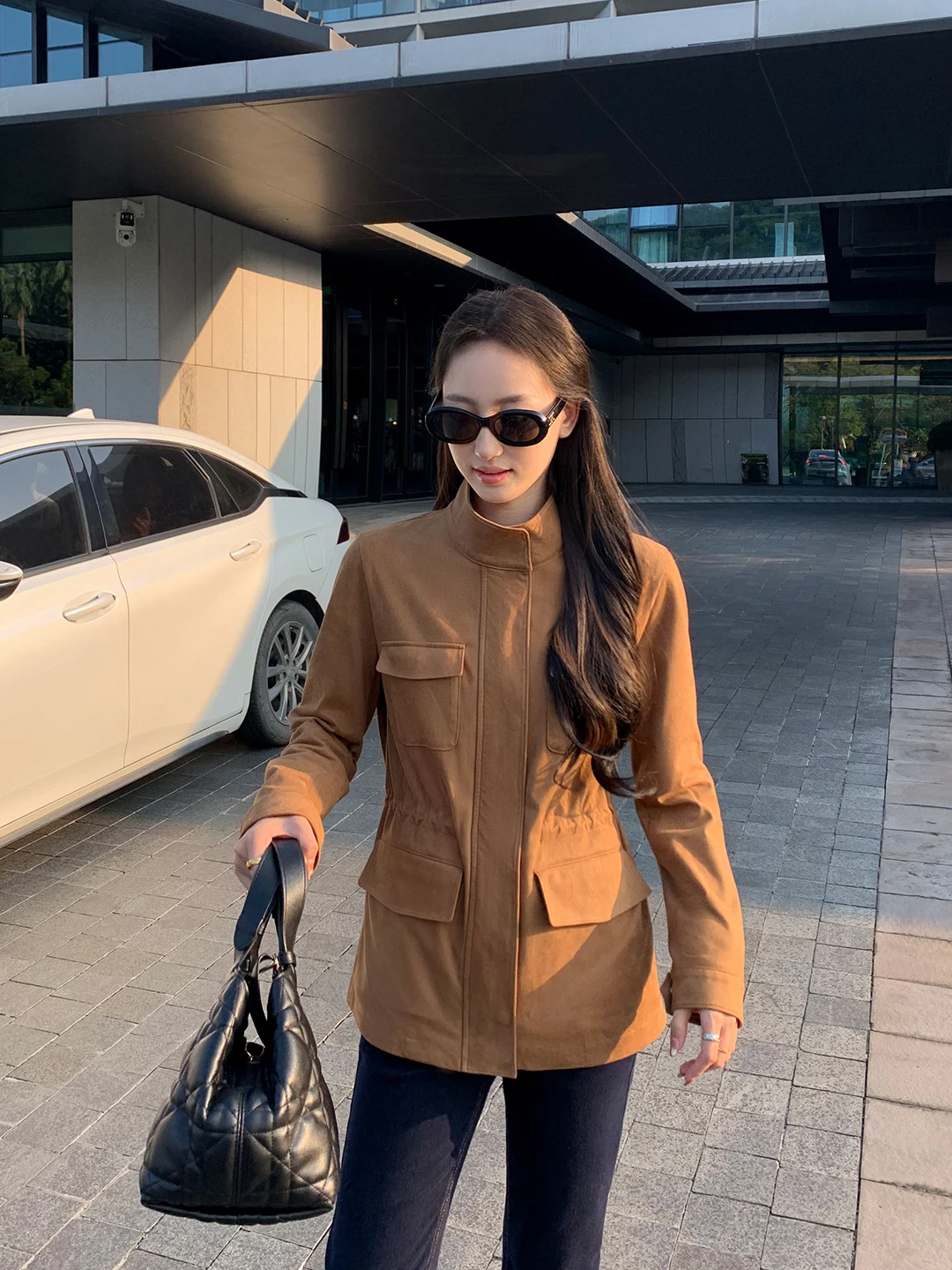 

Maven Lin Suede Leather Stand Collar Workwear Jaet Women's Waist-Cinching Jaet Luxury Casual Sle Polyester Fiber