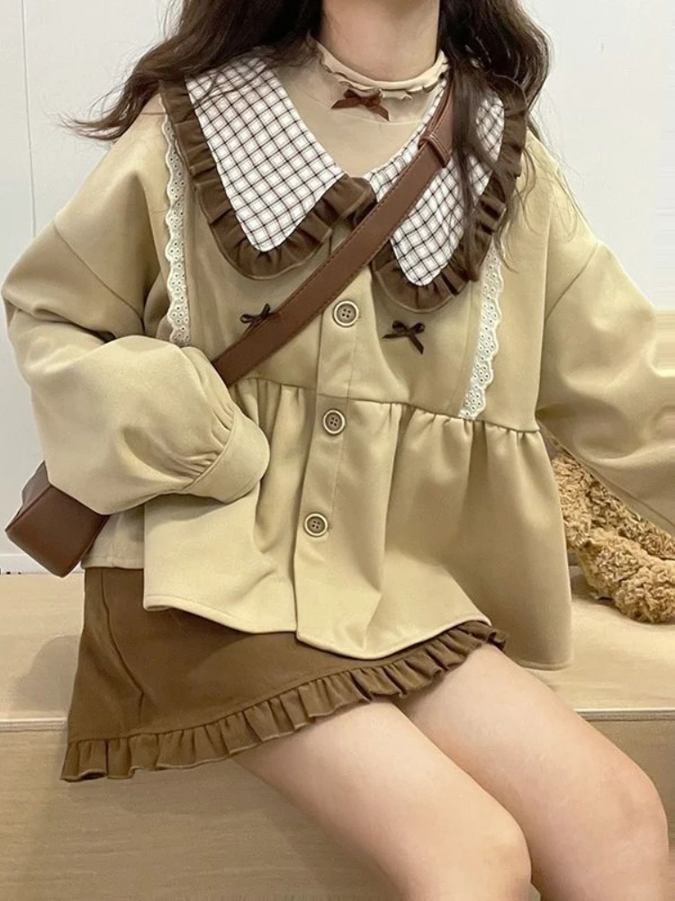 KOSAHIKI 2024 Spring Autumn Kawaii Shirt Women Japanese Korean Cute Peter Pan Collar Ruffle Blouse Girls Sweet Loose Outwear