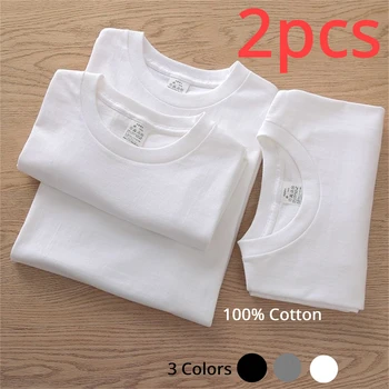 2PCS 100% Cotton Solid T Shirts Men's and Women's Short Sleeve White Tees Casual…
