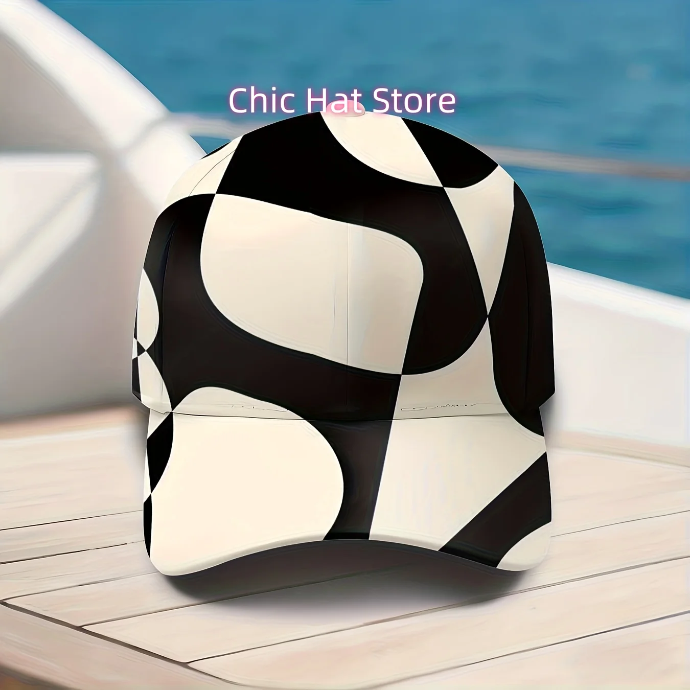 Baseball Cap Featuring an Abstract Design in Black And White, with a Geometric Line Pattern. This Stylish And Modern Hat Is Adju