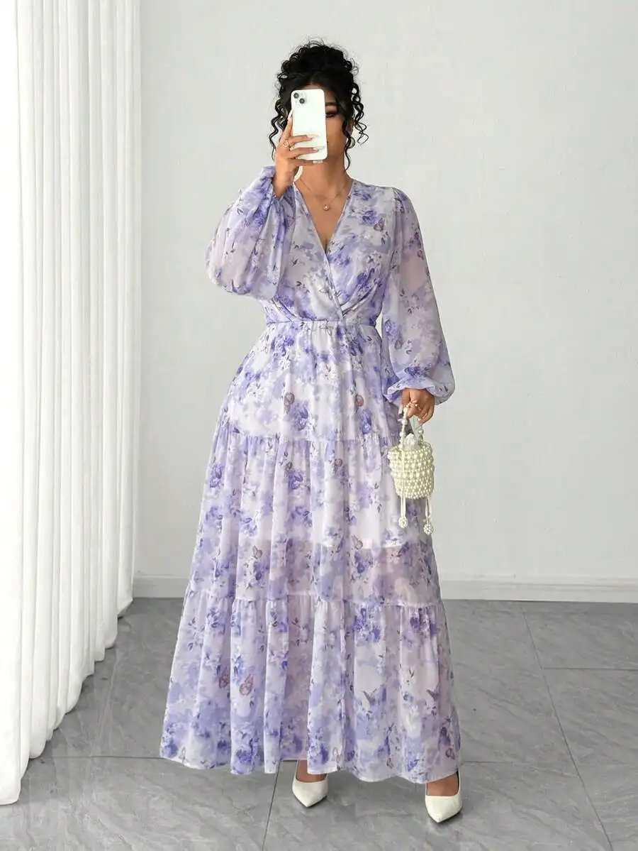 

Lavender Floral Chiffon V-Neck Long Sleeve Maxi Dress For Women