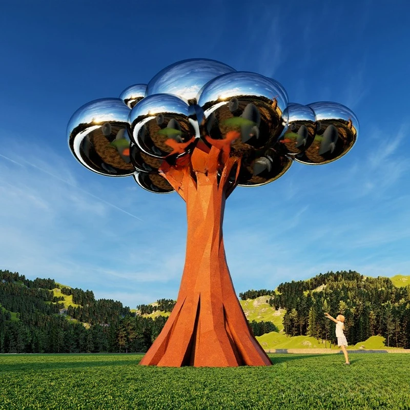 Customized large outdoor garden stainless steel mirror cloud tree sculpture plastic steel sculpture