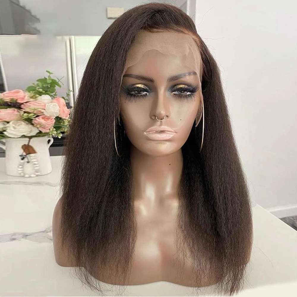 Soft Long 28 Inch Natural Black Kinky Straight Lace Front Wig For African Women BabyHair Preplucked Synthetic Glueless Daily