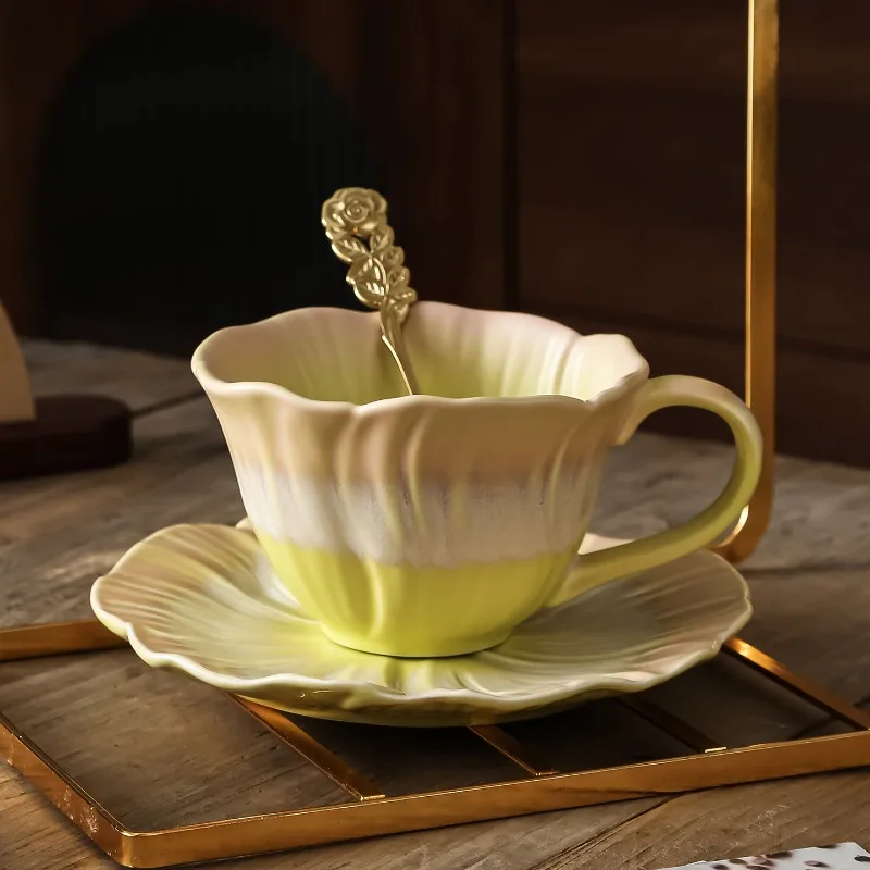 French RetroCrystalline Glaze Flower Shaped Kiln Transformation Set Creative Splicing Color Design Coffee Cup Milk and Plate Set