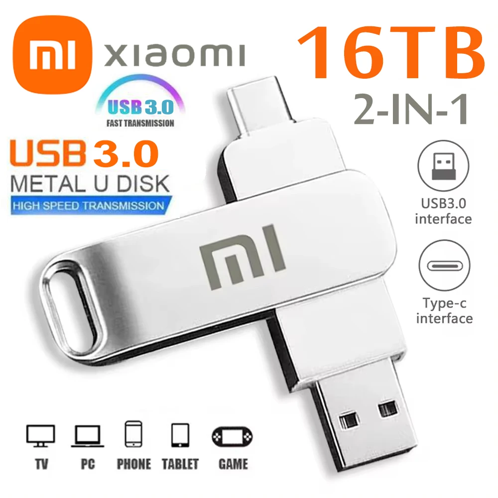 Xiaomi-Clé USB 3.0 haute vitesse pour périphérique de stockage d'ordinateur, clé USB, disque U de type C, 16 To, 8 To, SSD portable, 2 To