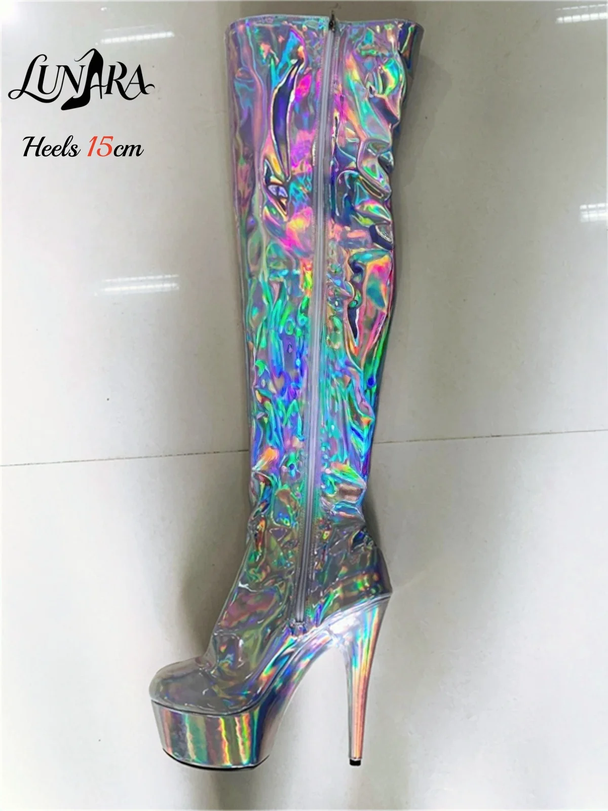 15cm/6Inch Black Patent Platform High Heel Thigh High Boots Lace-Up Zipper Non-slip Nightclub Pole Dance Ladies Rave Stage Goth