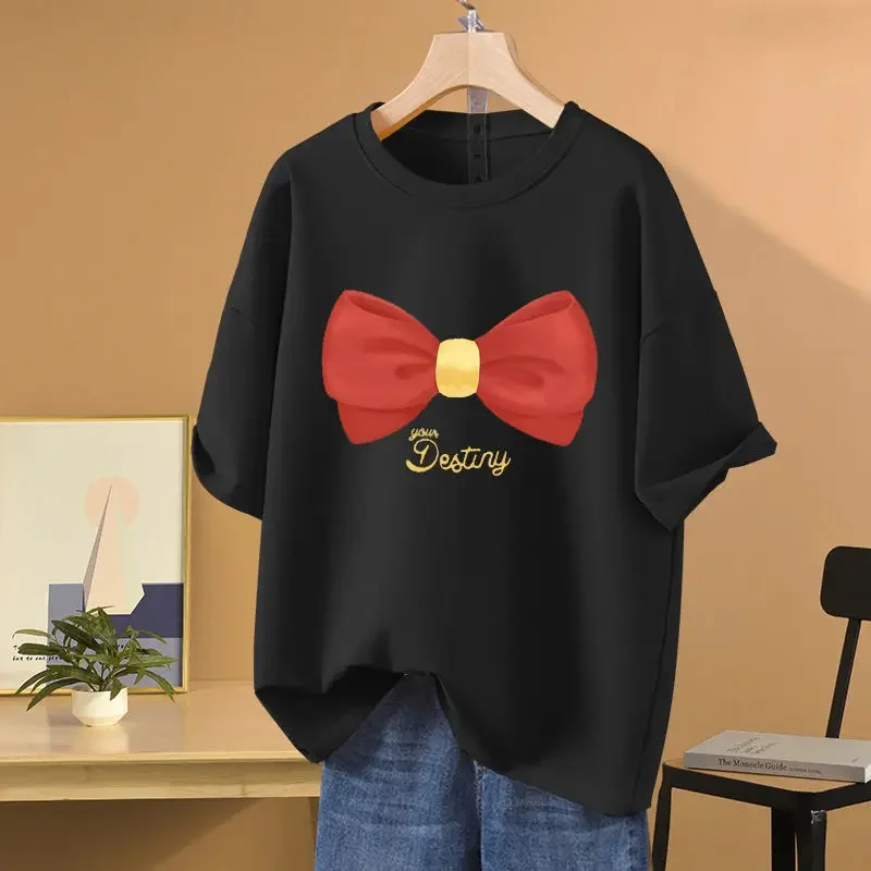 Women Bow Printed Chic Loose T-shirt Summer Short Sleeve Basics All Cotton Top Tees Casual Loose O-neck Pullovers