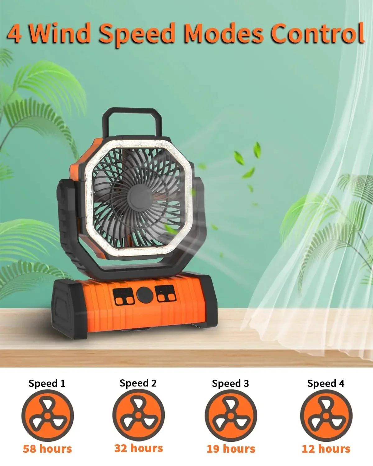 20000mAh High-Capacity Battery LED Light Camping Fan Movable Wireless Air Circulators Outdoor Ventilador with Hook