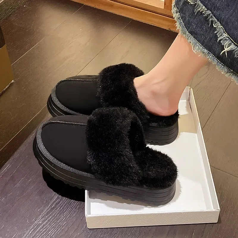 Snow Boots Fur Fur Slippers Female Wearing 2024 New Baotou Flat Half Drag Thick Sole Cotton Shoes Women Boots