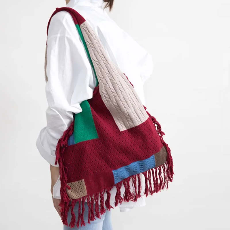 Retro tassel women bag patchwork knitted women handbag shoulder bag hot selling simple and versatile tote shopping bag