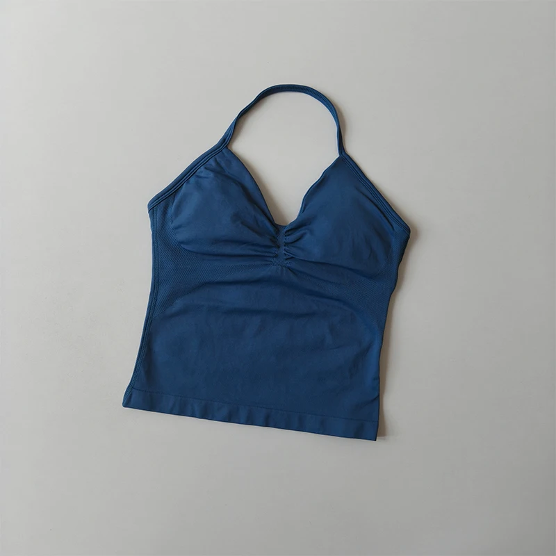Lange, trägerlose, nahtlose Yoga-Tanktops mit gerafftem Rücken, ärmellose Fitness-Shirts mit integriertem BH, Sportbekleidung. – Detail 14