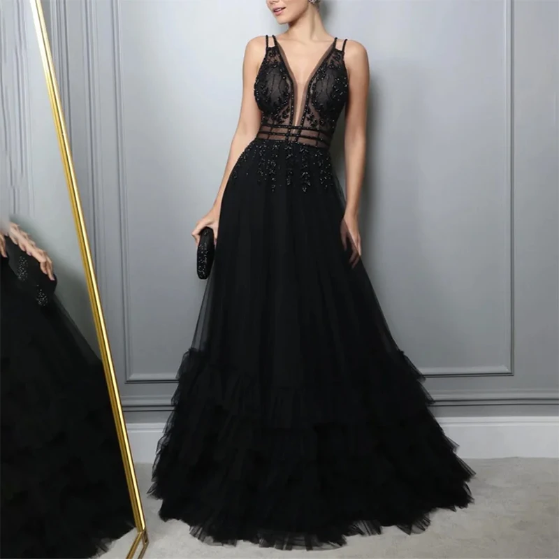 

Customized Sexy Black Deep V-Neck Evening Dresses for Special Occasions Women Beads Lace Applique A-line Prom Dresses 2025