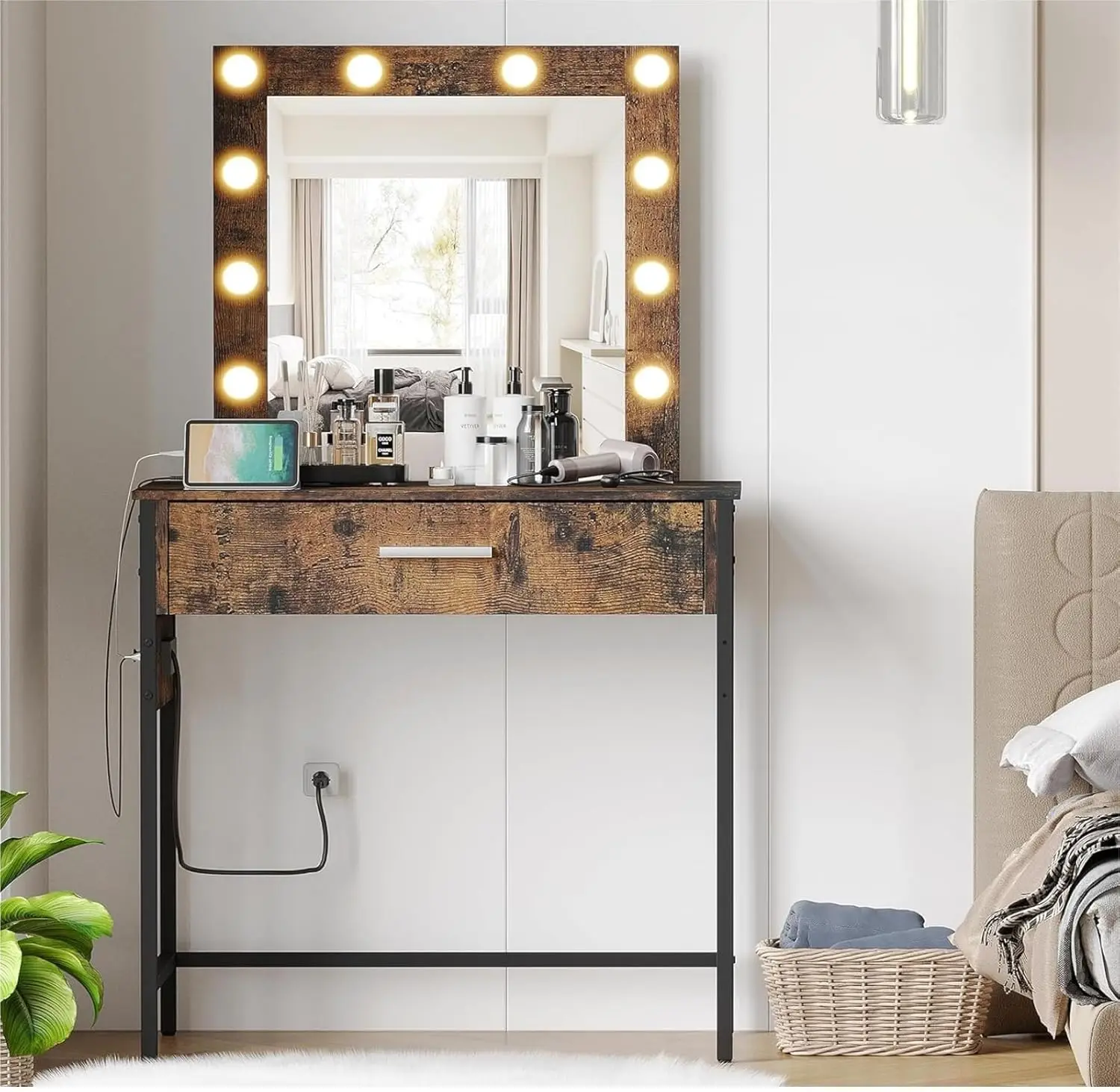 Makeup Vanity Table with Charging Station,Bedroom Vanity Desk with Lights and Mirror, Makeup Table with Drawer, Rustic Brown