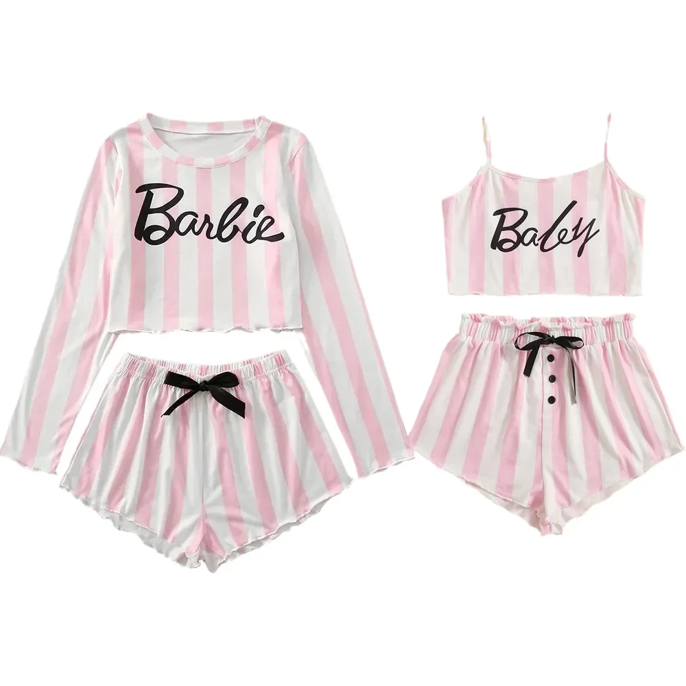 Barbie Pink and White Striped Pajamas Casual Long-sleeved Shorts Women\'s Home Wear Anime Kawaii Two-piece Set Girl Gifts