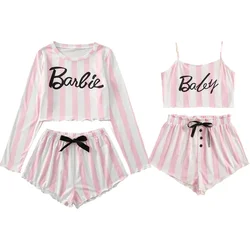 Barbie Pink and White Striped Pajamas Casual Long-sleeved Shorts Women's Home Wear Anime Kawaii Two-piece Set Girl Gifts