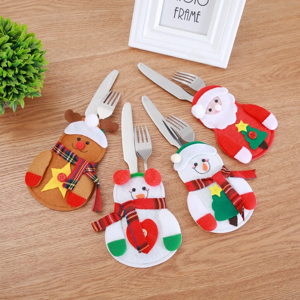 Merry Christmas Knife Cutlery Pouch Fork Snowman Knife Fork Holder Bag Santa Claus Christmas Silverware Holder Party