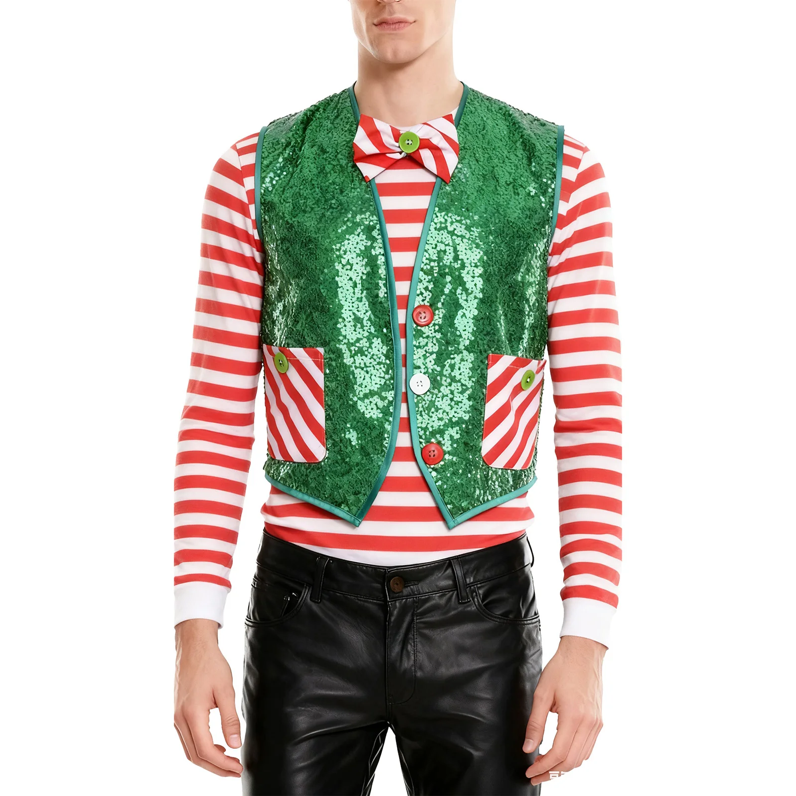 เสื้อกั๊กปักเลื่อมสำหรับผู้ชาย ชุดคอสเพลย์เอลฟ์ ชุดเต้นรำคริสต์มาส ชุดซานต้า พร้อมโบว์ไท เสื้อกั๊กทักซิโด้สำหรับงานปาร์ตี้