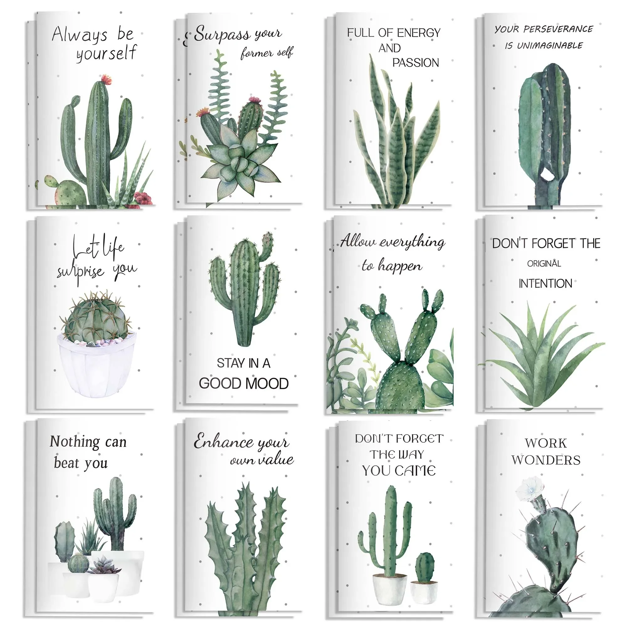 12/24/36pcs Motivational Cactus Mini Pocket Notebooks Green Plant Watercolor Pattern Small Memo Notepads Birthday Christmas Gift