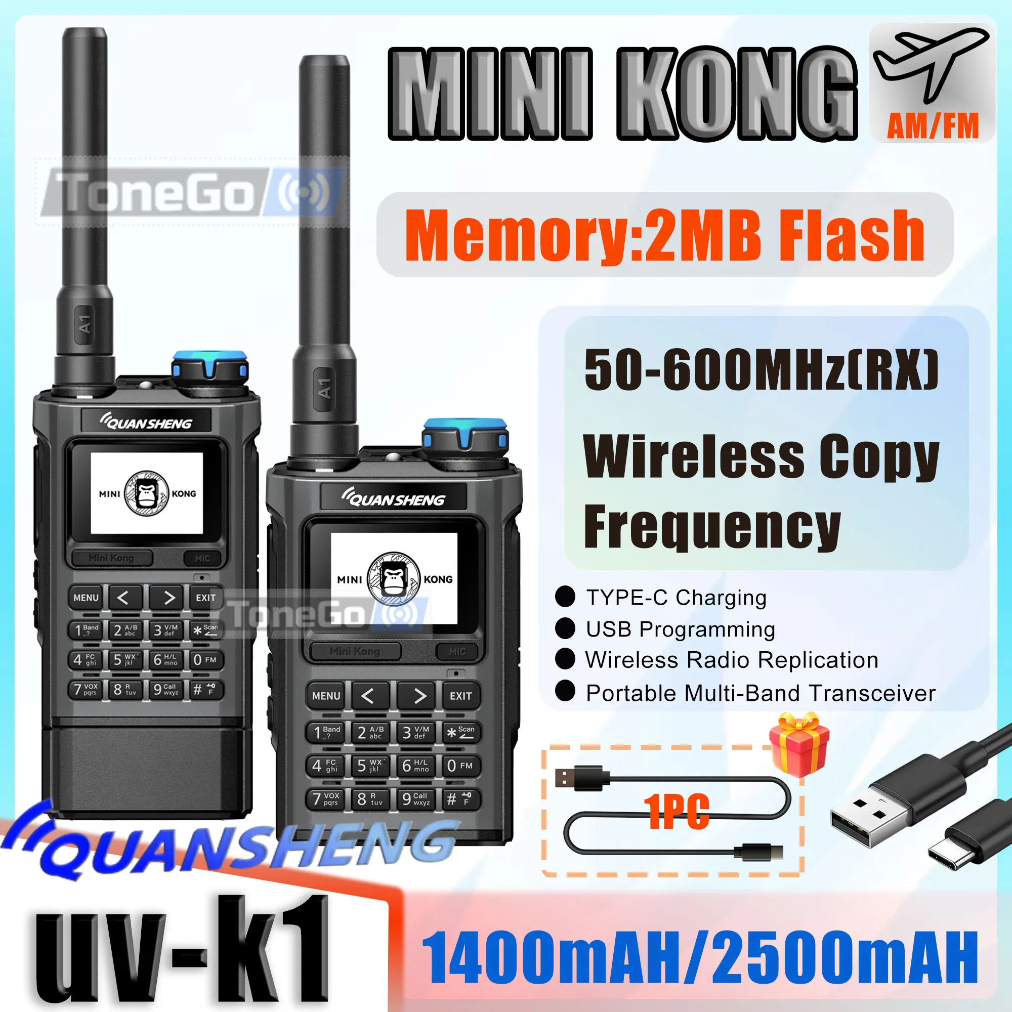 

Рация Quansheng UV-K1 Mini с 2 МБ флеш-памяти, зарядкой Type-C, программированием, AM/FM, 50-600 МГц, многодиапазонная, дальнего действия, двухсторонняя связь
