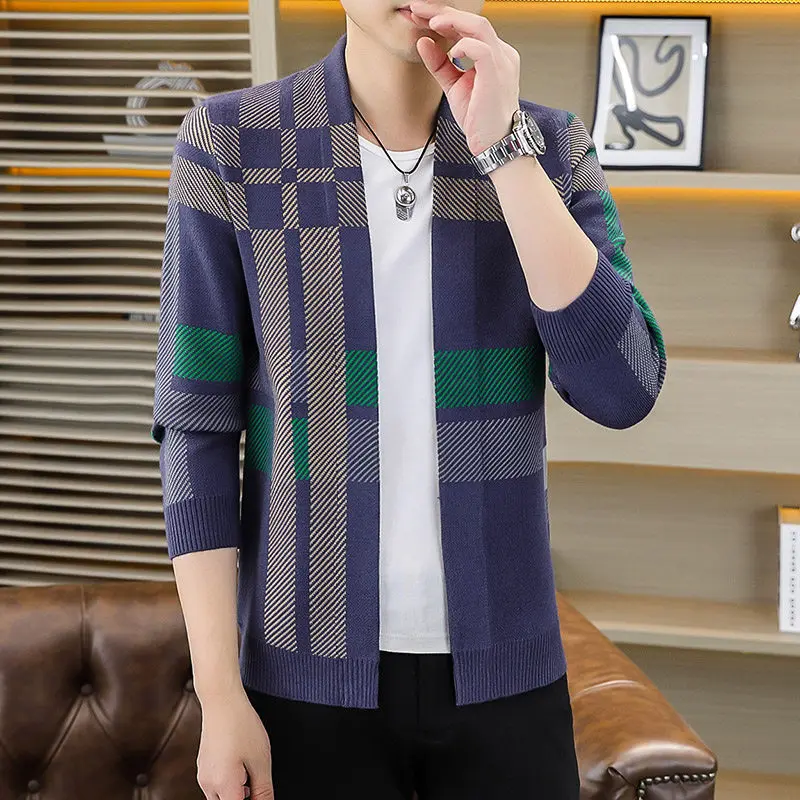

Осенний вязаный свитер с v-образным вырезом, кардиган, мужской молодежный модный повседневный универсальный полосатый верхняя одежда, теплый топ с геометрическим узором