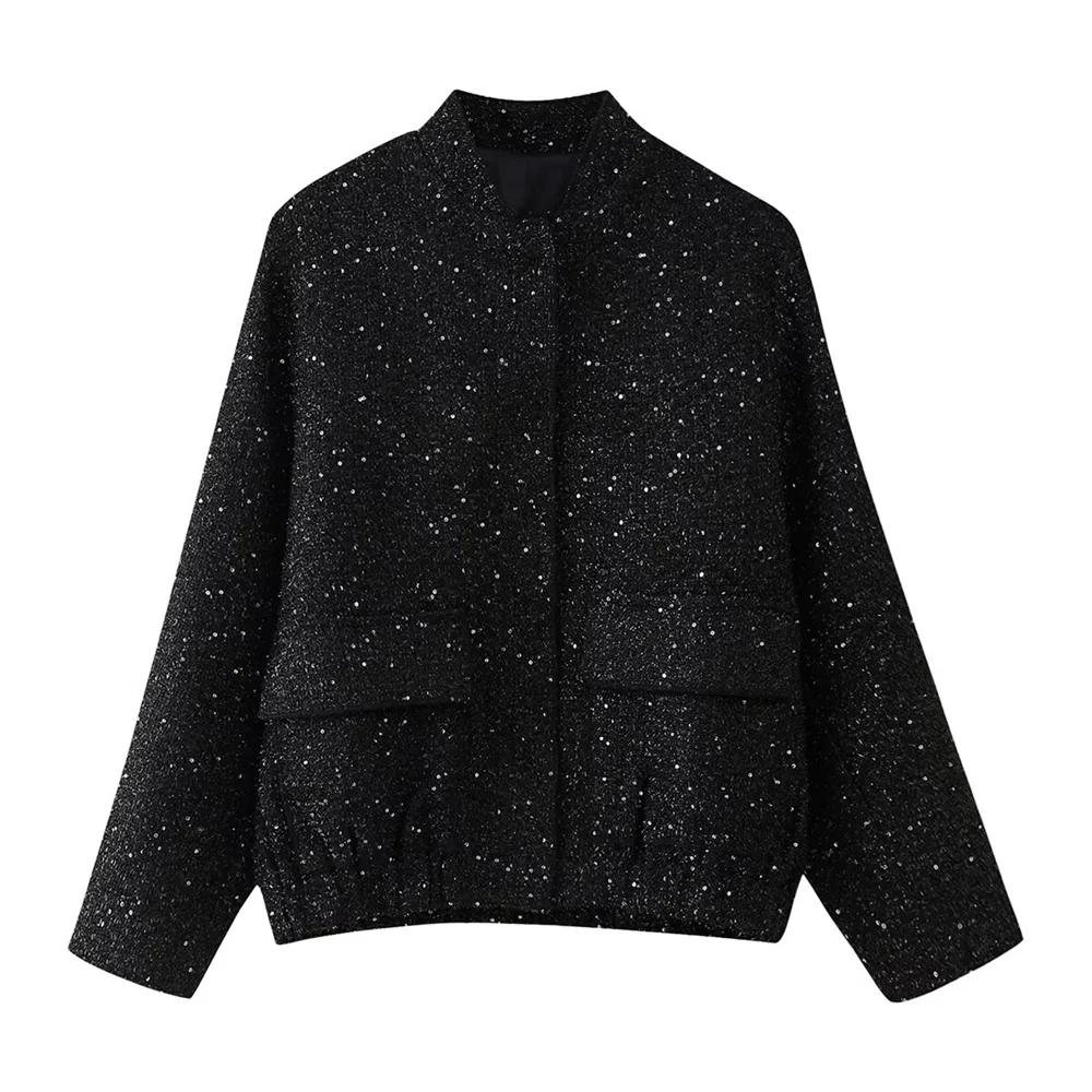 Podzimní nová dámská módní outfit s kapsou a třpytivou bundou v evropském a americkém stylu - náhled 2