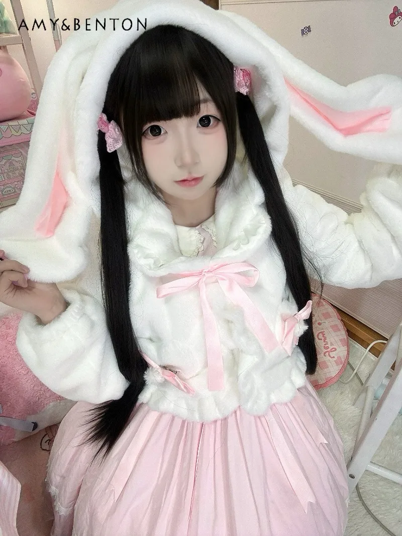 

Original Cute Bunny Ear Hooded Plush Jackets for Women Winter New Lolita Jackets Sweet Girl Bowknot Ruffle Soft Short Jacket