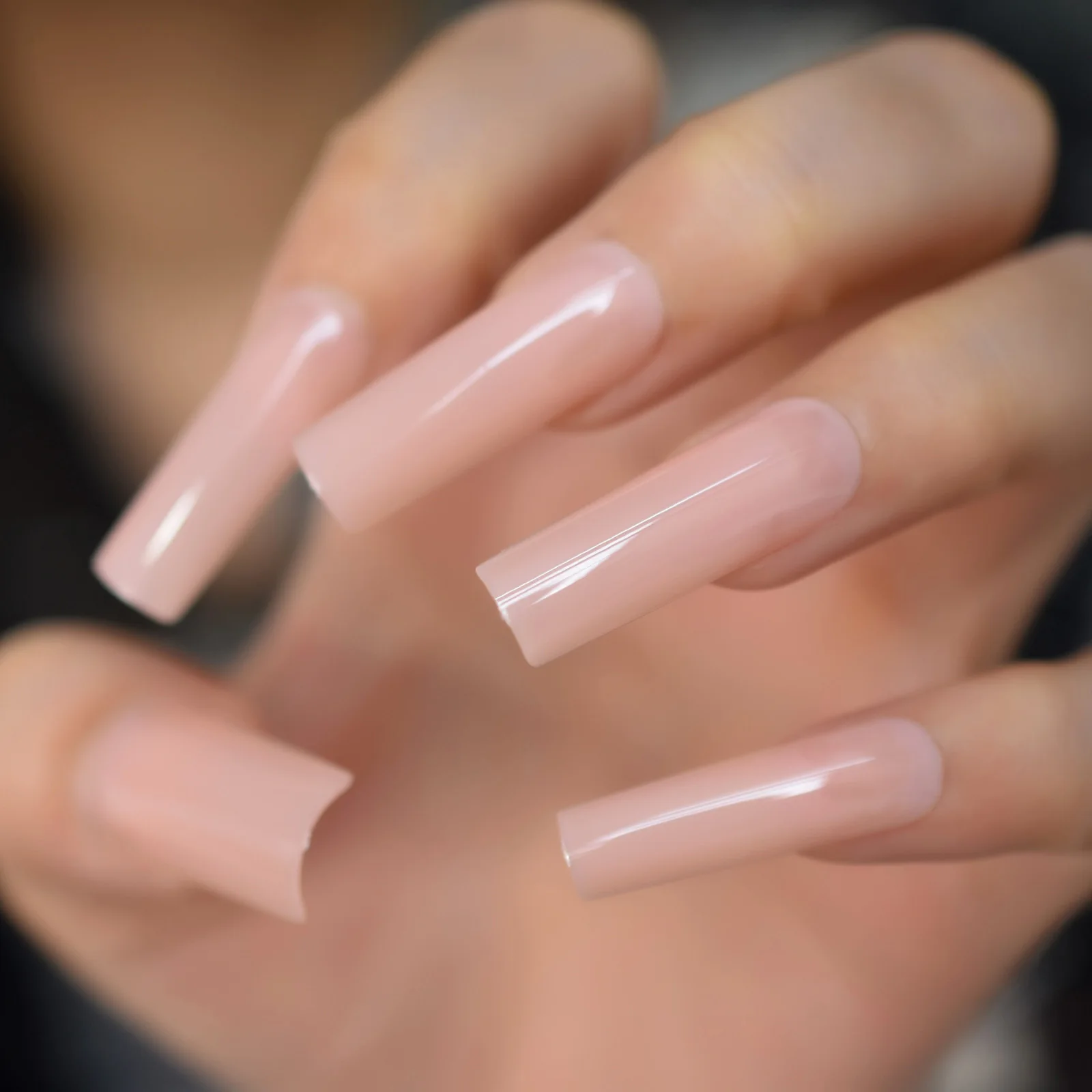 Glossy Pink Nude Fake Nails Extremely Long Square Acrylic Press On Nails Full Cover Gel Nail Art Tools