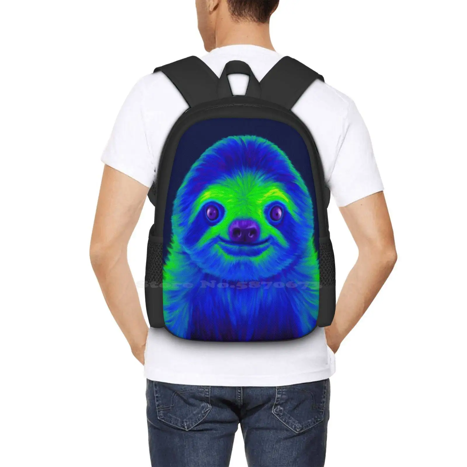 Mochila de diseño con estampado 3D de pereza azul y verde, bolsa de estudiante, púrpura, linda cara de pereza, Animal colorido azul