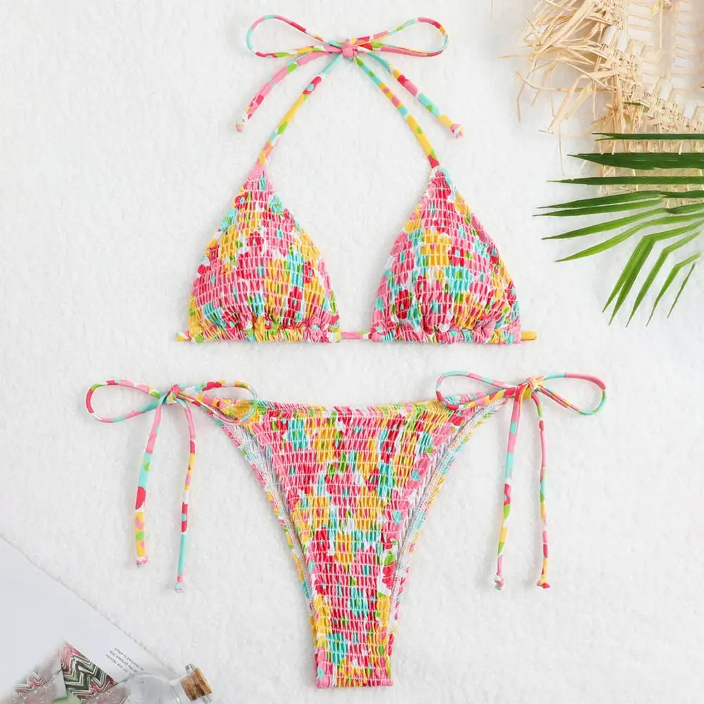 Women Swimsuit Set Colorful Print Women's Swimsuit Set with Lace-up Halter Neck Pleated Design Padded Wireless Bikini for Wading