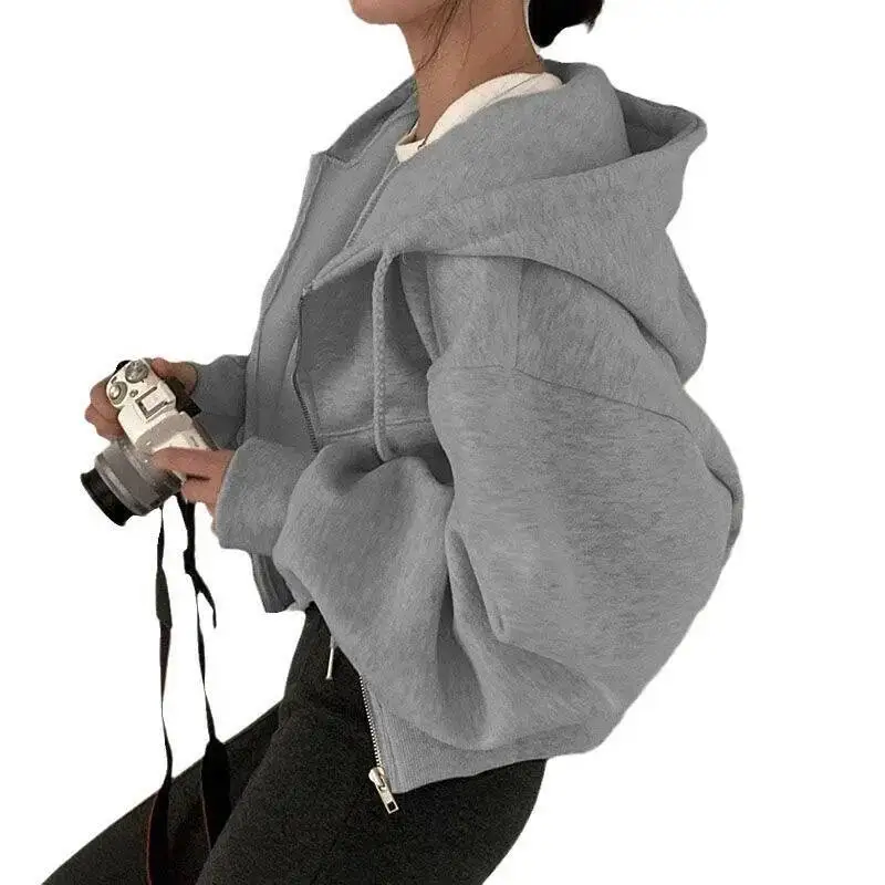 Women Short Hoodies 2025 Autumn Winter Women's Korean Ins Zip Up Hoodie Short Loose Solid Color Stylish Slouchy Top