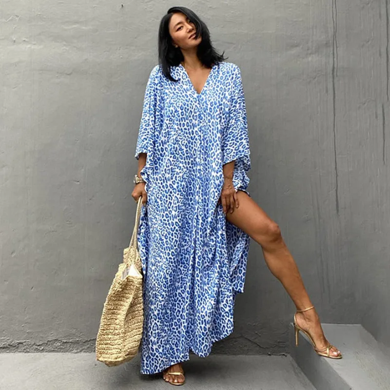 Blue Leopard Printing Bikini Cover Up Long Kimono Cardigan Loose Tunic Women Dress Beach Wear Swim Suit Cover Up