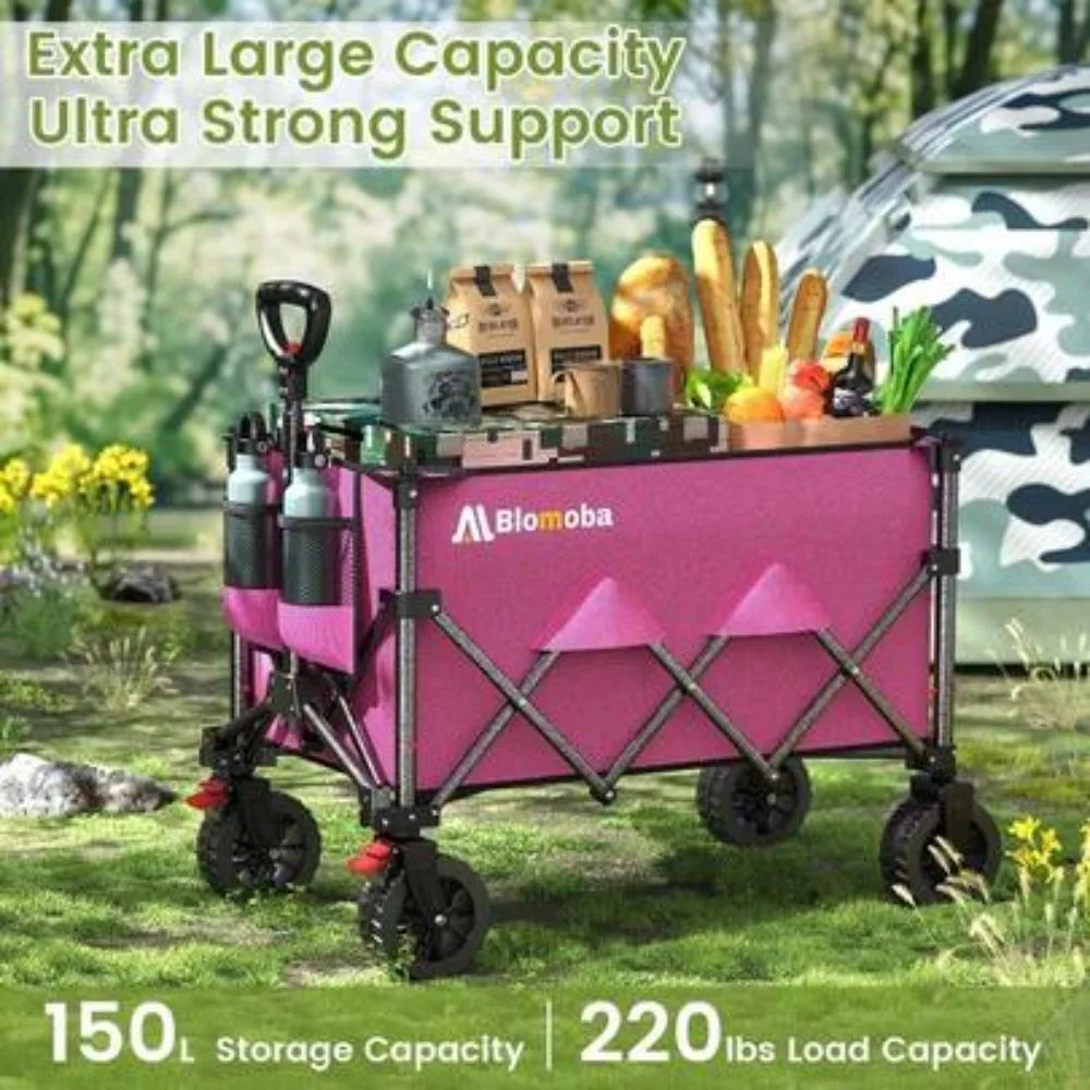 Folding Wagon Cart with Wheels, 220lbs Heavy Duty Collapsible Utility Cart, 360 Degree All Terrain Swivel Wheels, Adjustable Telescoping Handle, Portable Foldable Cart for Groceries Camping Sports Gardening Beach Outdoor Picnic Travel Storage Moving