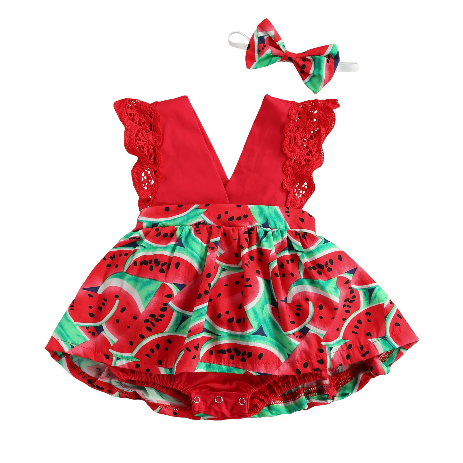 

Baby Watermelon Print Clothes Set Girls Sleeveless Deep V-neck Short Jumpsuit Bow-knot Headband