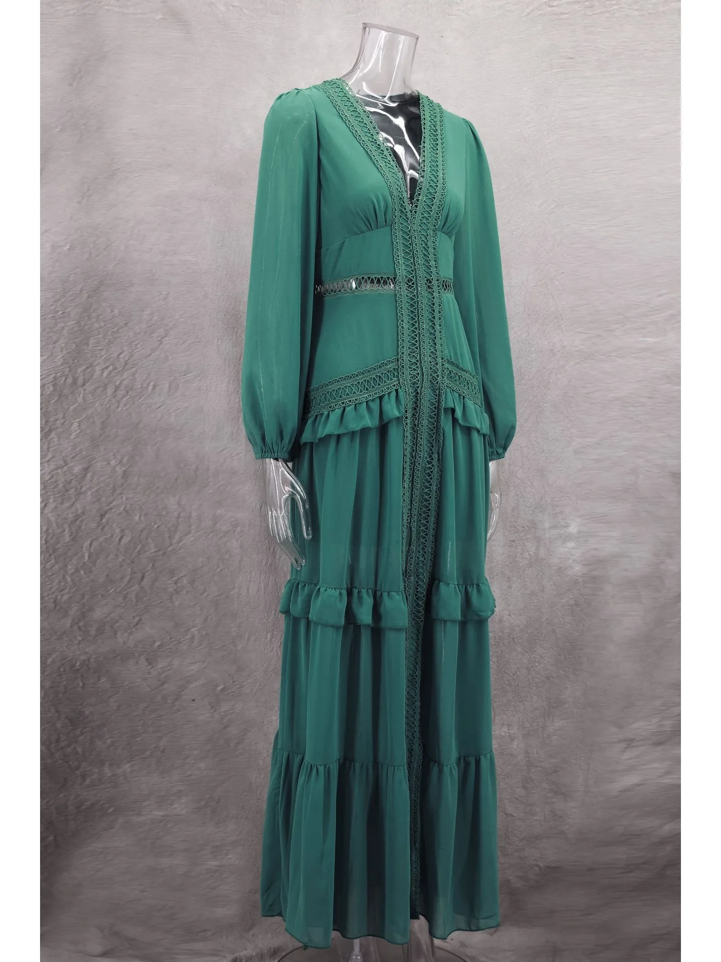 Vrouwen elegante gelaagde ruches patchwork lange jurk chique v-hals bladerdeeg volledige mouwen split maxi jurken mode dame feestgewaden - afbeelding 2
