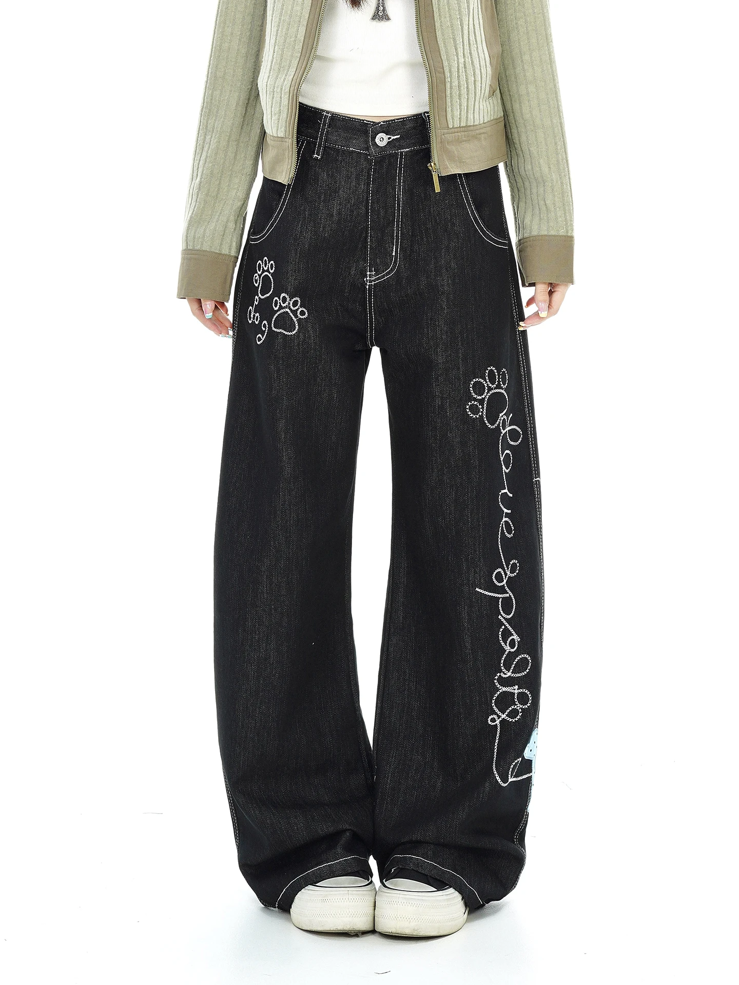 Embroidered Dog Loose Wide Leg Jeans Women's Fashionable American Retro Style Autumn New Loose Fit Casual Comfortable Denim