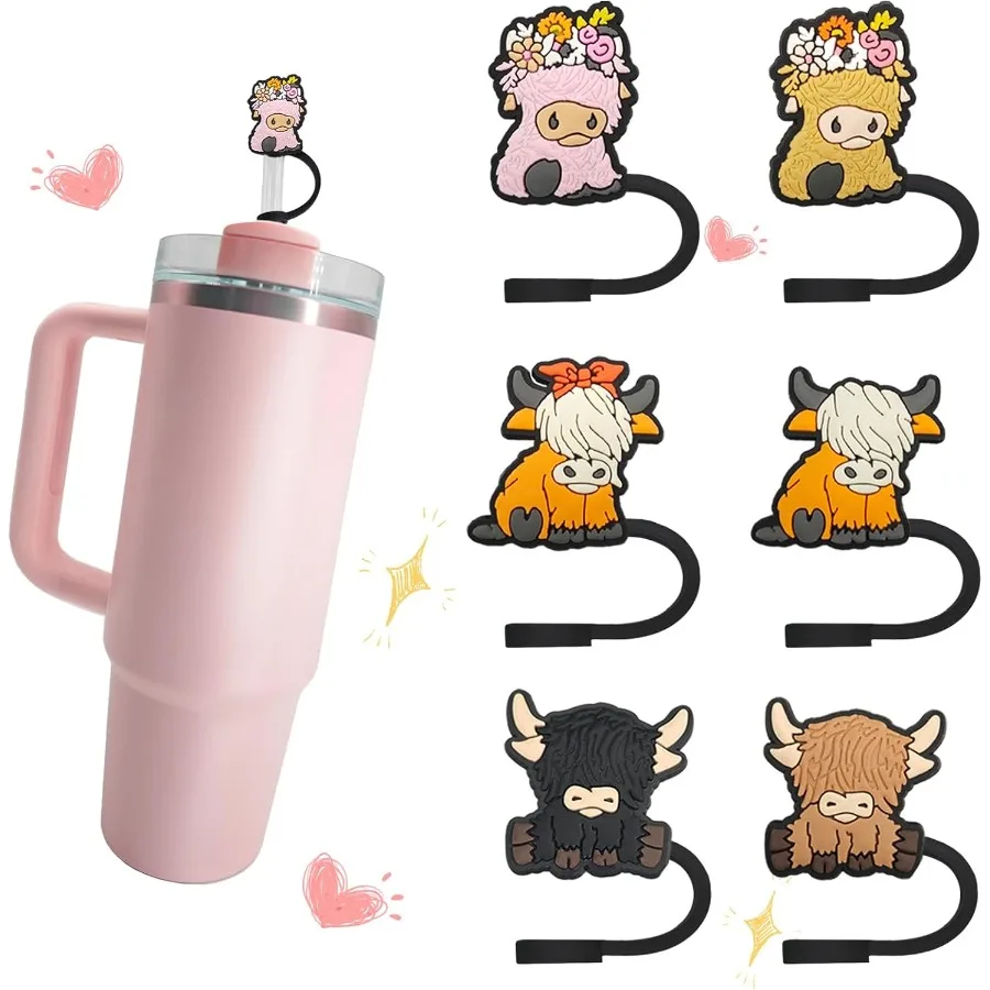 

6pcs Highland Cow Silicone Straw Cover Straw Cover Cap For Stanley Cup Suitable for 10mm Straws