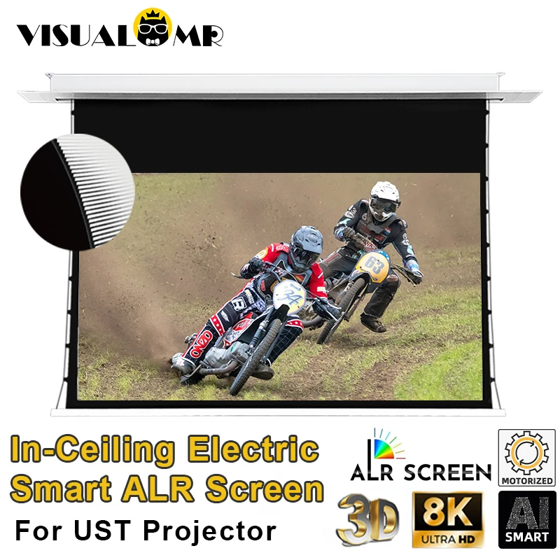 2025 Nueva rejilla negra eléctrica en el techo ALR UST Pantalla de proyector empotrada Pestaña proyección de techo mejorada motorizada tensada 4K