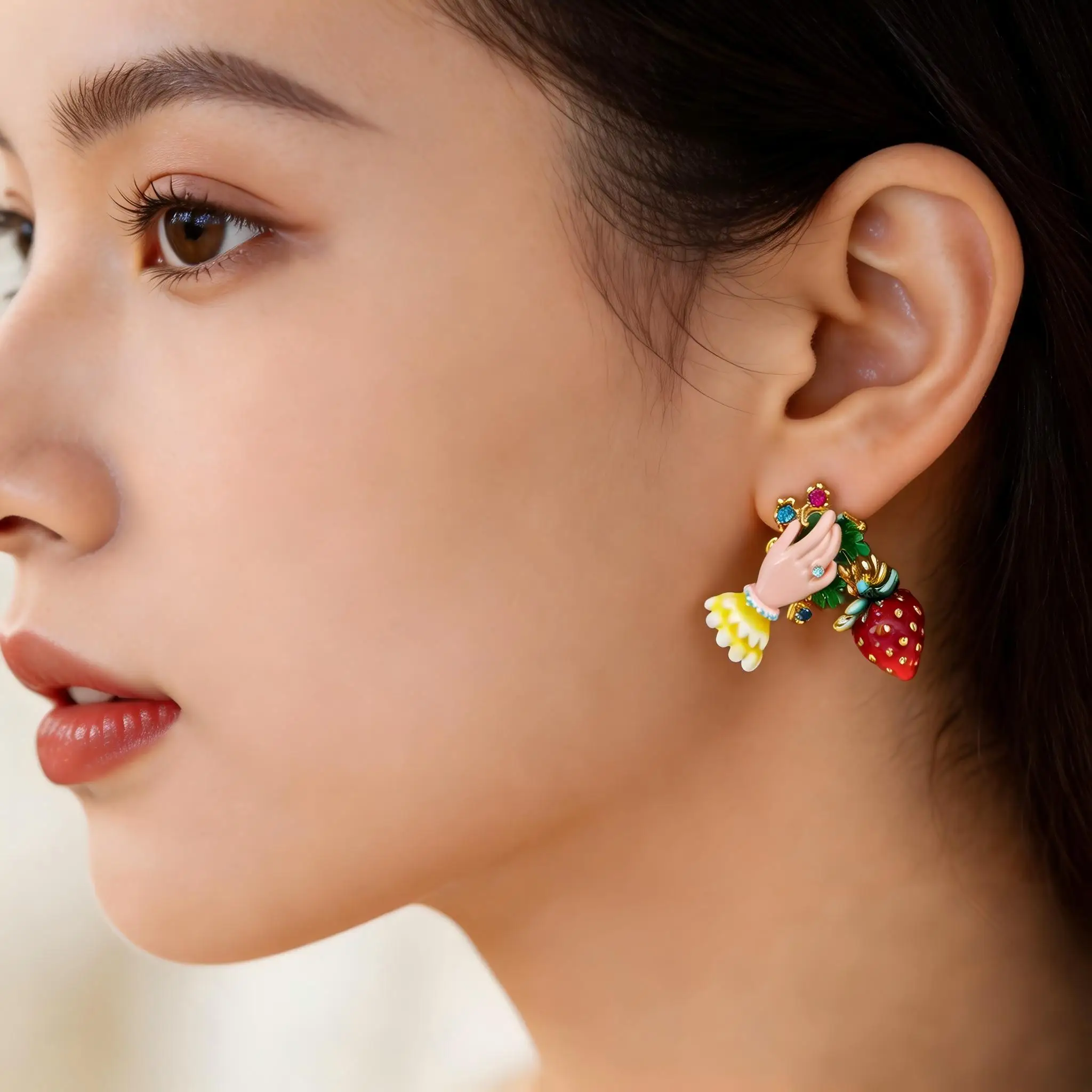 

Gold Plated Enamel Strawberry Hand Drop Earrings with Colorful Crystals, Cute Whimsical Design for Women Daily Wear