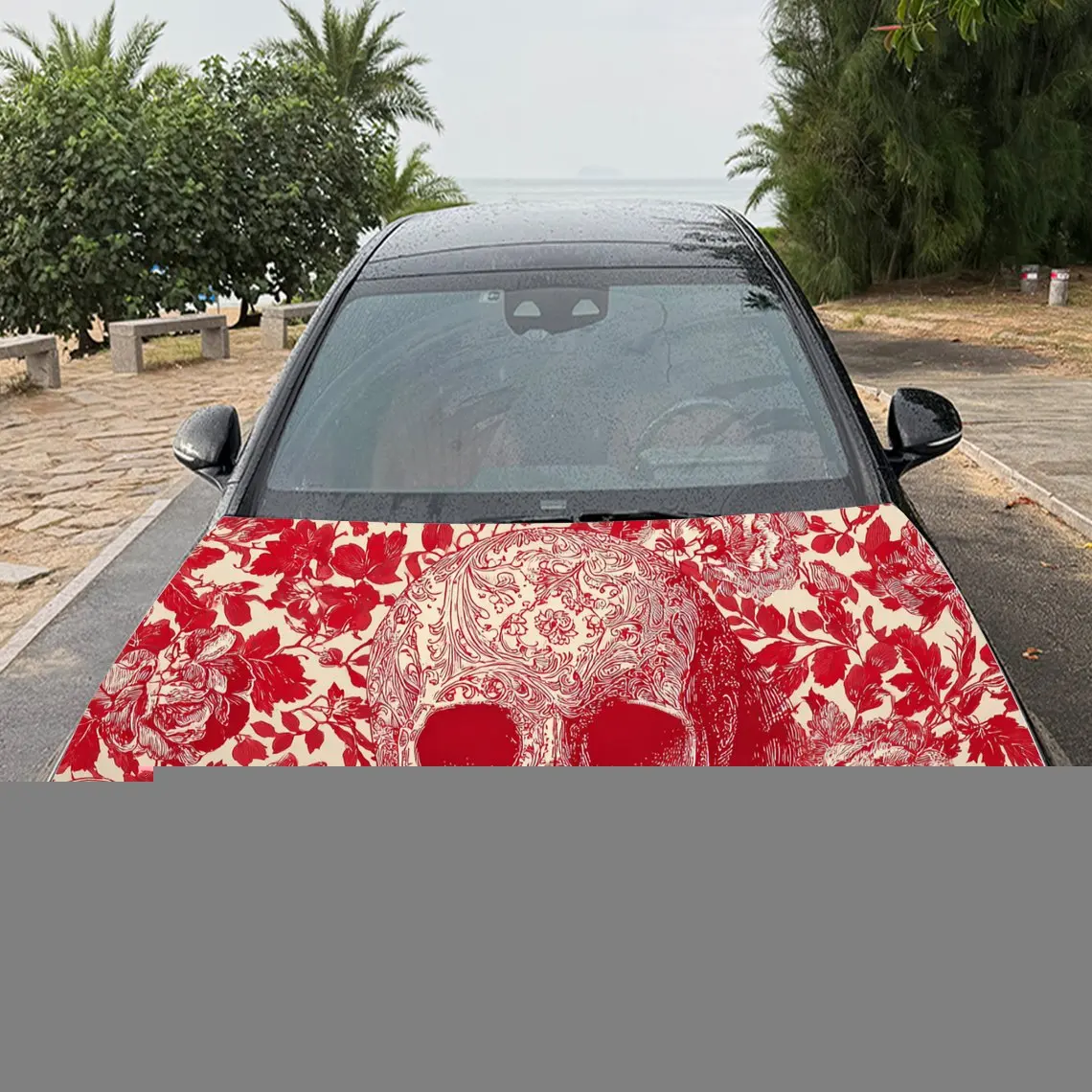 Car Decal Skull with Red-Intricate Floral Textured Motif in Artistic Gothic-Enigmatic Style - Bold Terrestrial Mysterious Fantas