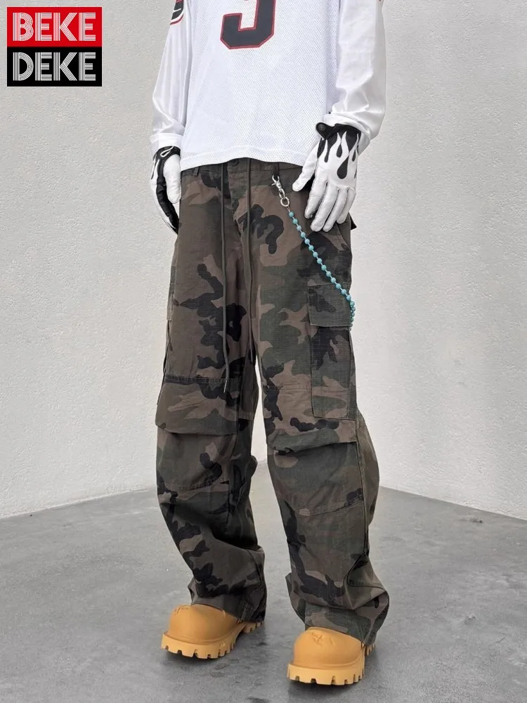 

Шикарные мужские камуфляжные брюки в уличном стиле с несколькими карманами, прямые брюки-карго свободного кроя, повседневные повседневные брюки полной длины