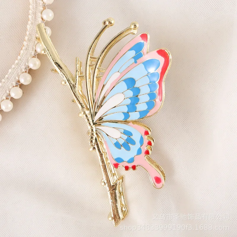 Chinese Style Painted Butterfly Elegant Ancient Style Hair Clip Women\'s Summer Fashion New Style Coiled Hair Shark Claw Clip