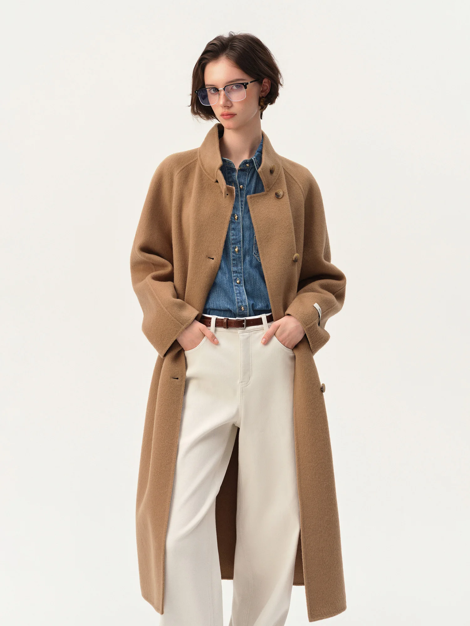 ZIQIAO Women's Grey Stand Collar Cashmere Wool Blend Double Face Coat Long Single Breasted Overcoat Elegant Commute Outerwear
