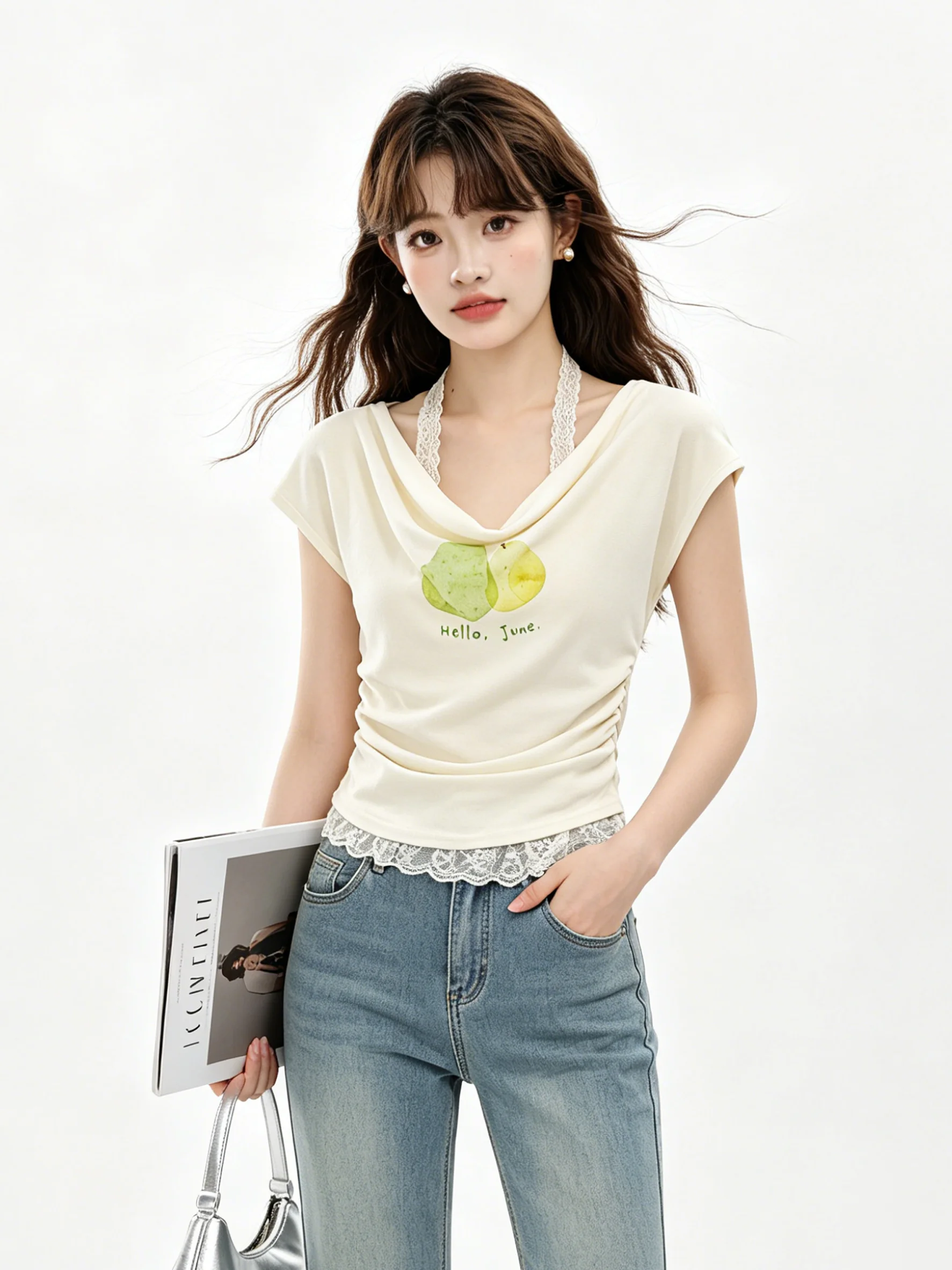 

Chic Pure Desire Summer Anti-Aging Apricot Short Sleeve T-Shirt Lace Halter Neck Slimming Set Women's Fashion Korean Style