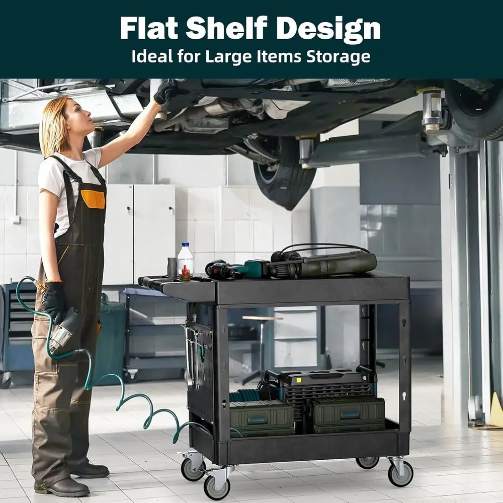 Sturdy 2-Tier Utility Cart with Hanging Board, 39x17, 550 lbs Capacity, Swivel Wheels, Ideal for Workshops and Garages