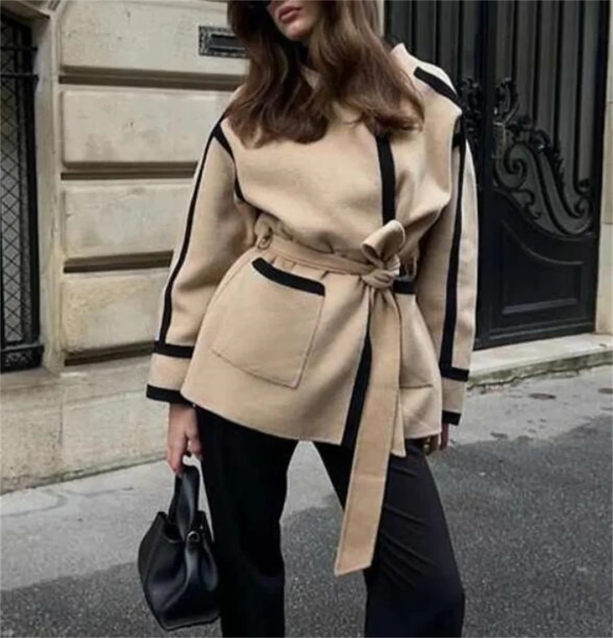 Women Fashion Spliced Contrast Coats Long Sleeve Belt Pocket Decorate 2024 Autumn Winter New In Jacket  Lady Mid-length Outwear