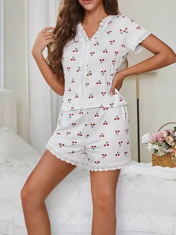 純粋な欲望スタイルの女性のパジャマ秋夏セクシーな V ネックレースチェリープリント Tシャツスリムフィット半袖ショーツセット G4J7