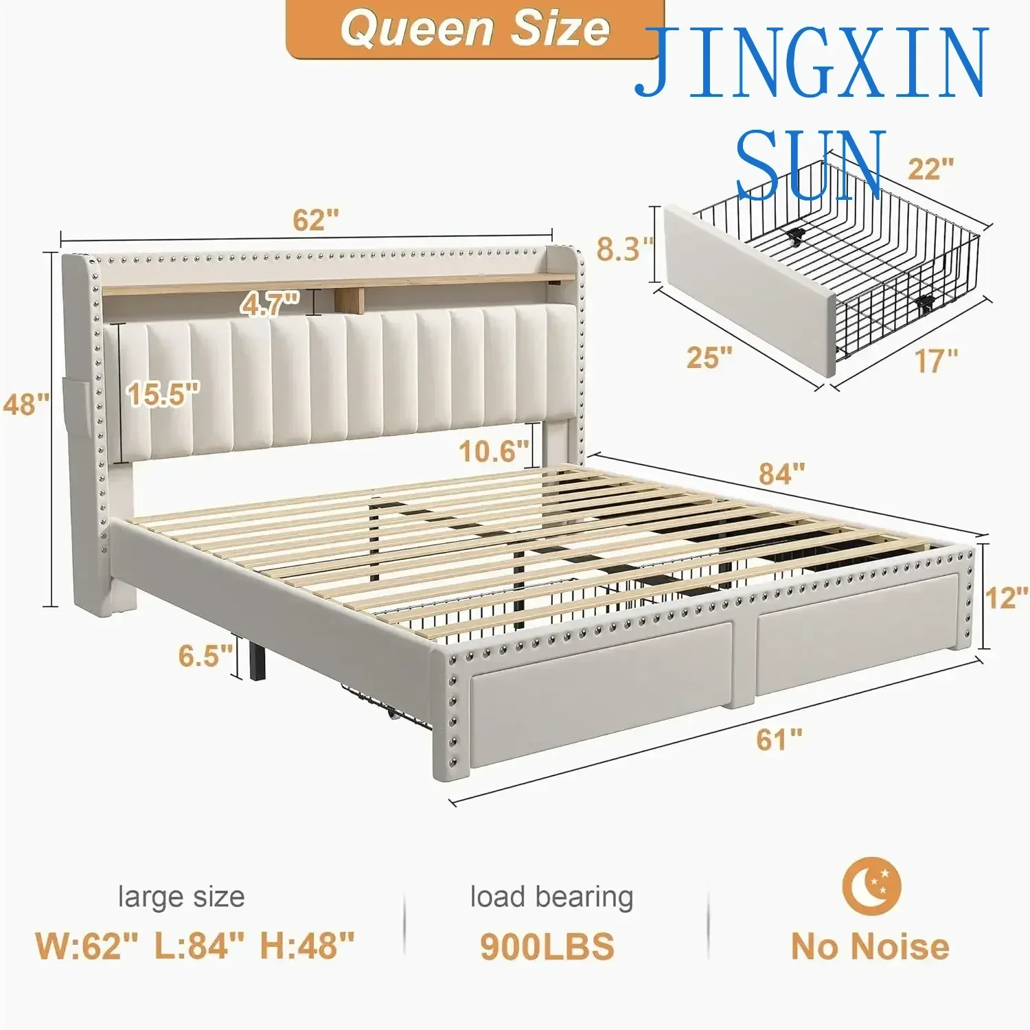 Bed Frame with Storage with 2 Drawers with Headboard and Storage Upholstered Queen Bed Frame