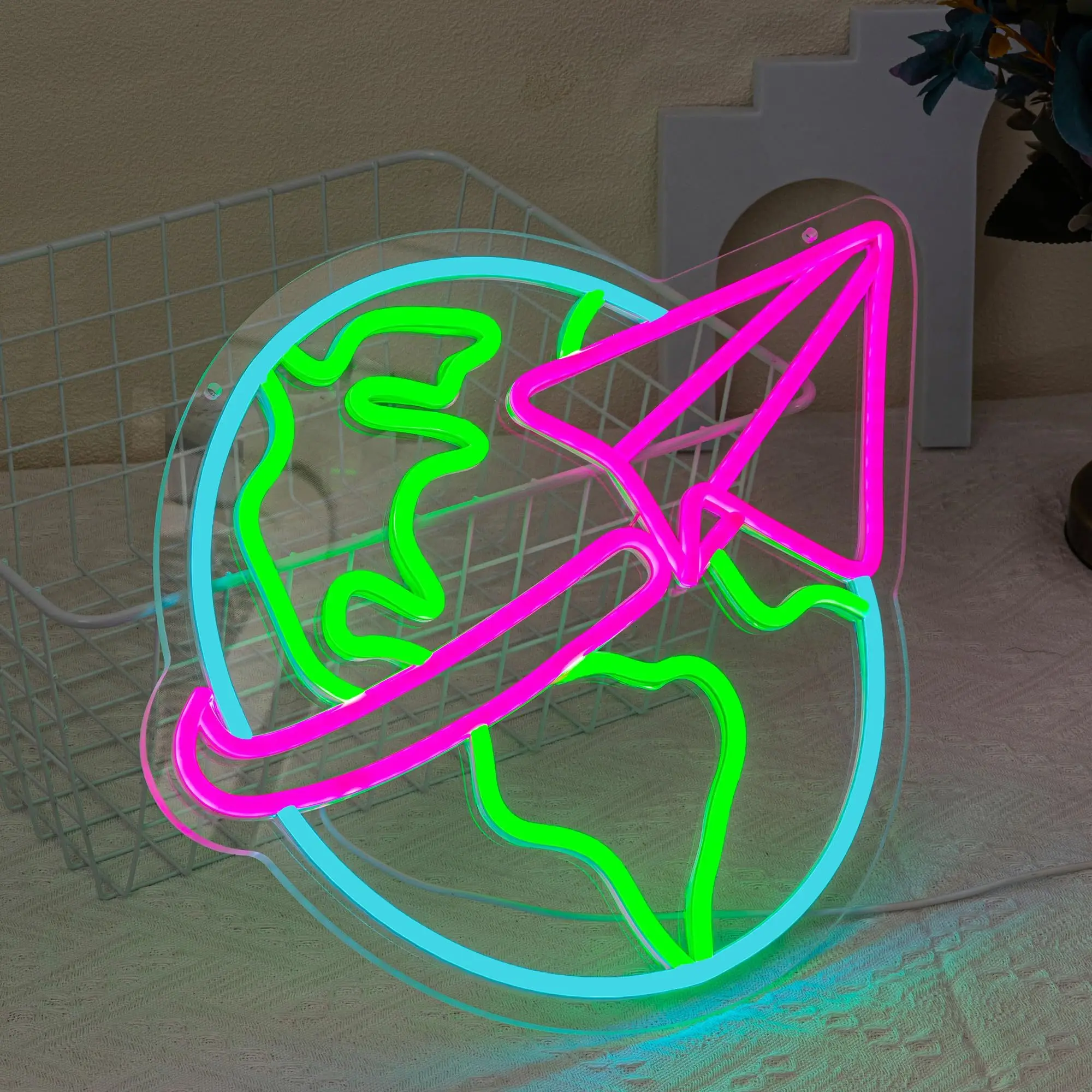 Earth paper airplane LED neon, USB powered dimmable LED neon, suitable for study, office, party wall decoration