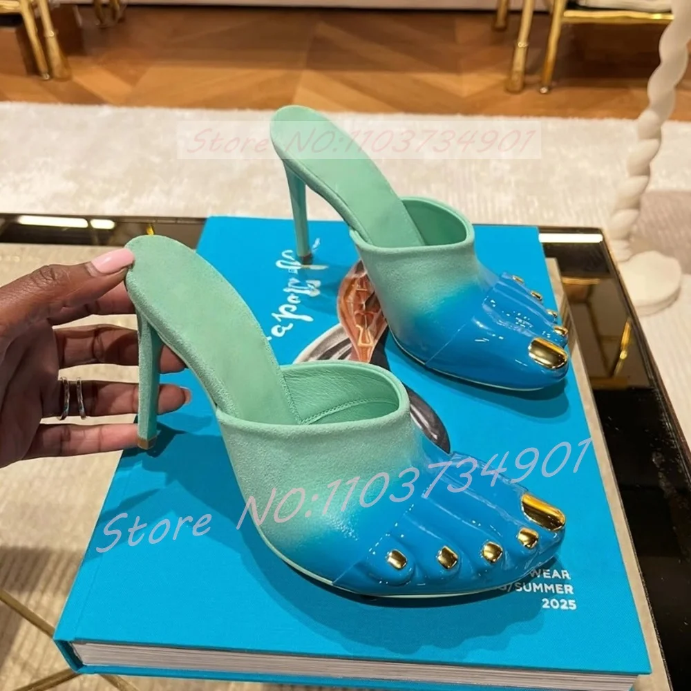 

Разноцветные тапочки, женские новые золотые тапочки с пятью пальцами, металлические туфли на высоком каблуке с круглым носком, женские вечерние уличные тапочки без шнуровки